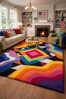 Handgeknüpfter Bunter Teppich mit Geometrischem Wellenmuster, Flachfloriger Bohemian-Teppich, Rutschfester Latex-Teppich für Wohnzimmer und Schlafzimmer, OEM-Anpassung