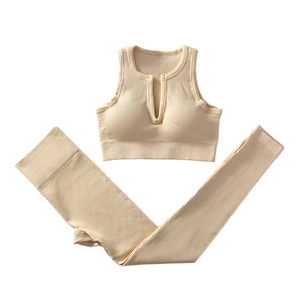 Ensemble de leggings de sport pour femmes, sans couture, respirant, léger, avec soutien-gorge de yoga et hauts sans manches côtelés, vêtements de sport deux pièces - Product Image 1