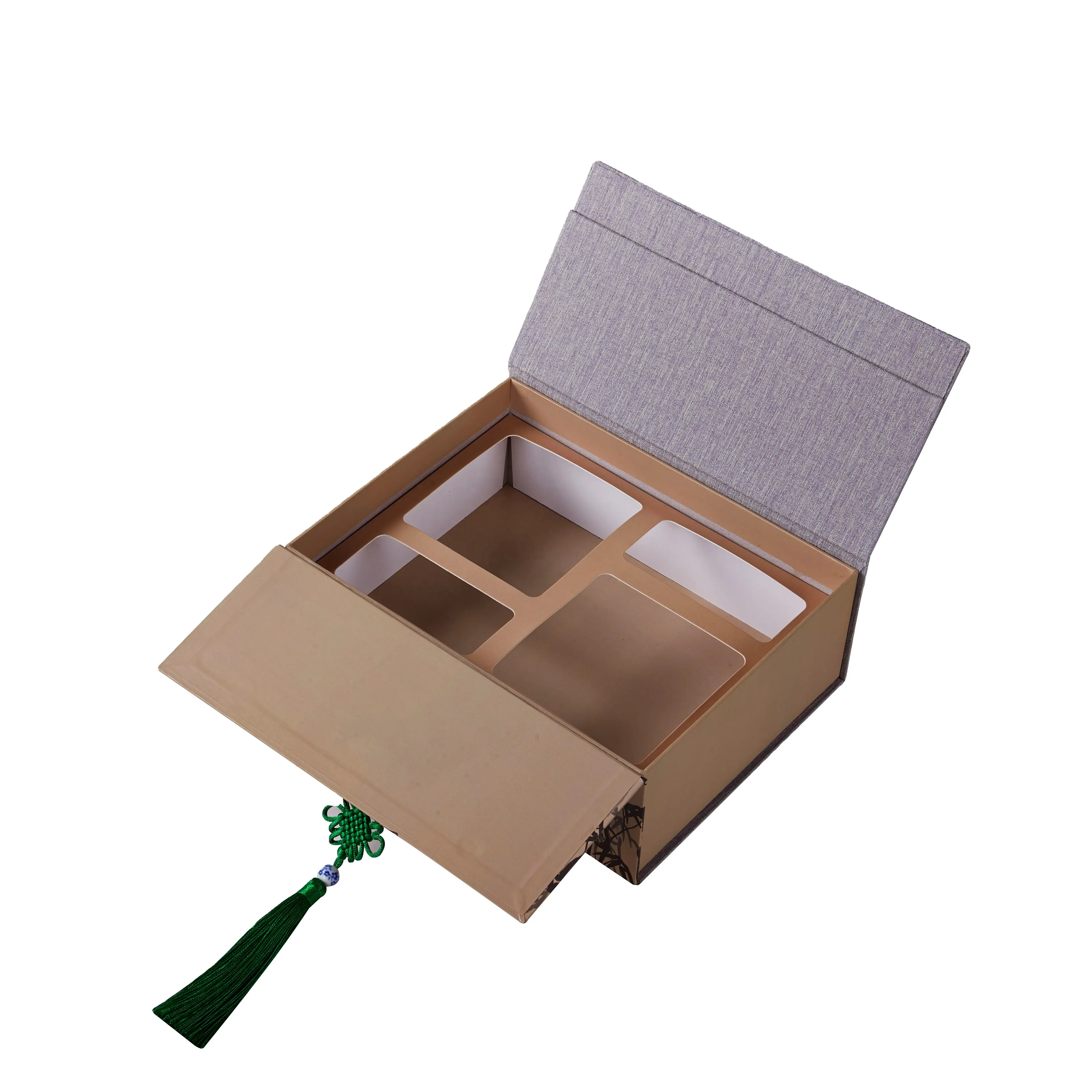 De Lujo doble puerta abierta de cartón rígida de papel de regalo de satén forrado personalizado magnético pantalla Ginseng caja de embalaje