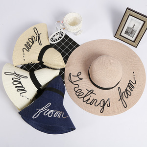 Sombrero <span class=keywords><strong>de</strong></span> Paja Extra Grande <span class=keywords><strong>de</strong></span> Moda al por Mayor con Bordado Negro para Viajes a la Playa - Product Image 3