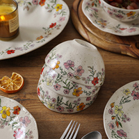 Ensemble de bols et d'assiettes en céramique à motifs floraux vintage, vaisselle élégante pour la salle à manger à la maison, collection de vaisselle compatible avec le micro-ondes