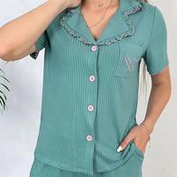 Conjunto de Pijamas de Verano para Mujer, Personalizado al por Mayor, Cómodo, de Manga Corta, con Volantes, Tejido de Punto Modal, Ropa de Dormir