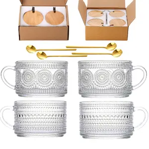 4pcs Set Vintage Coffee Mugs gifts for women, Overnight Oats Containers with Bamboo Lids and Spoons 14oz Clear Embossed Glass