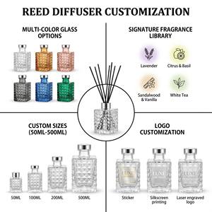 Luxury Textured Glass <b>Reed</b> <b>Diffuser</b> Set Diamond Pattern <b>For</b> Modern Home Decor Wholesale Private Label Premium Metallic Set - Product Image 2