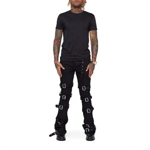 Nuevos Pantalones de Mezclilla para Hombre al por Mayor, Diseño Apilado, con Botones y Correas, Estilo Cargo, Ajustados, de Pierna Ancha, Negros - Product Image 3