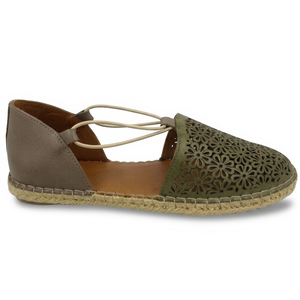 Sandalias Planas de Cuero Genuino Olive con Punta Cerrada, Diseño Floral Calado, Cierre de Correa, Transpirables, Zapatos de Esparto para Verano - Product Image 1