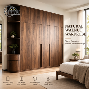 <span class=keywords><strong>Armario</strong></span> de Diseño de Altura Completa en Tono Nogal Cálido que Combina Puertas con Bisagras y Estantes Curvos <span class=keywords><strong>para</strong></span> Interiores de Dormitorios Modernos - Product Image 1