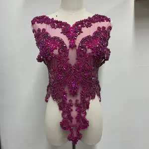 Elegante Mesh Stof Naaien Bling Bling Crystal Stone Fuchsia Roze Voorkant Lijfje Goud Strass Jurk Applique