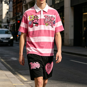 Cut And Sew Pink Striped Polo Shorts <b>Set</b> Heavyweight Graphic Printed Y2K Streetwear Two Piece <b>Set</b> Wholesale Bulk - Product Image 5