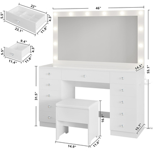 Juego <span class=keywords><strong>de</strong></span> tocador <span class=keywords><strong>de</strong></span> <span class=keywords><strong>maquillaje</strong></span> moderno y ecológico OEM con espejo LED, toma <span class=keywords><strong>de</strong></span> corriente, 11 cajones, superficie <span class=keywords><strong>de</strong></span> vidrio, banco <span class=keywords><strong>de</strong></span> almacenamiento para dormitorio, 3 colores <span class=keywords><strong>de</strong></span> iluminación - Product Image 2