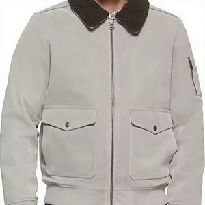 <b>Mens</b> Grey Leather Bomber <b>Jacket</b> With <b>Shearling</b> Collar Genuine Lambskin Flight <b>Jacket</b> Winter Casual Outerwear - Product Image 1