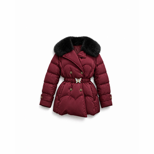 Veste matelassée pour <span class=keywords><strong>femme</strong></span> - Manteau d'hiver élégant rouge bordeaux avec ceinture papillon et grand col en fourrure, parka matelassée en forme de cœur - Logo personnalisé - Product Image 1