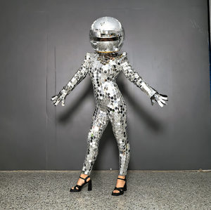 Combinaison moulante une pièce pour femme, effet miroir argenté, avec casque et détails en verre miroir, en <span class=keywords><strong>acrylique</strong></span>, pour spectacle, concours de talent, DJ, danse, bar, fête, adulte - Product Image 2