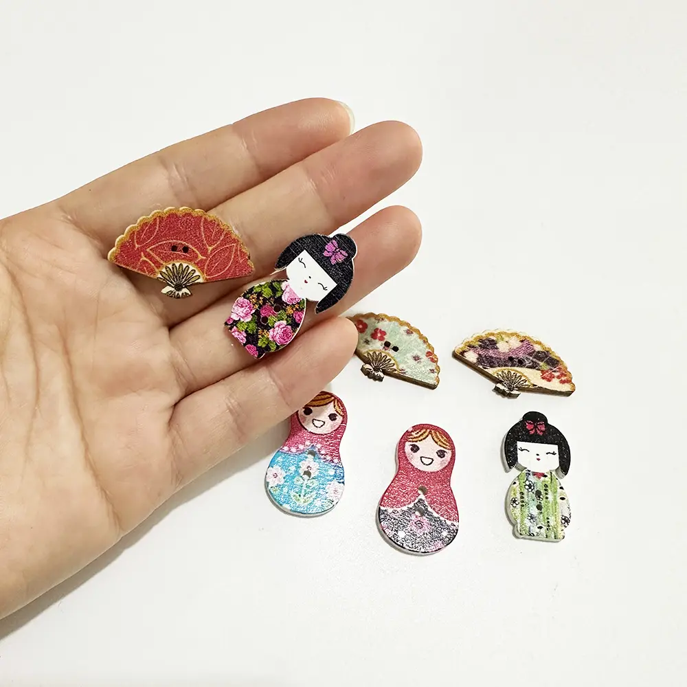 yiwu wintop retro japanese style kimono woman fan matryoshka doll design flatback two hole wooden kids novelty buttons