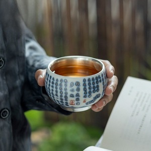 Taza de té de porcelana china hecha a mano con diseño de Sutra del Corazón y Loto, caja de regalo redonda con baño de plata 999 para la ceremonia del té - Product Image 5
