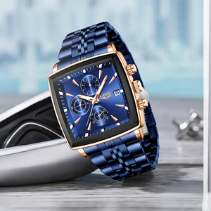 For Men's Quartz Watch Blue Dial Rose Gold Case Stainless Steel Strap Chronograph 3BAR Water Resistant <b>Calendar</b> Wristwatch - Product Image 3