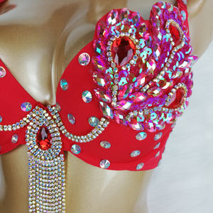 Samba buikdanskostuum met de hand bewerkte turquoise en rode kleur topbeha en heupsjaalriem 2 STKS / SET - Product Image 5