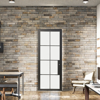 Porte en verre à 4 panneaux de style artisanat moderne, cadre en acier noir, 2150*920*32mm, verre clair décoratif pour salon et salle à manger