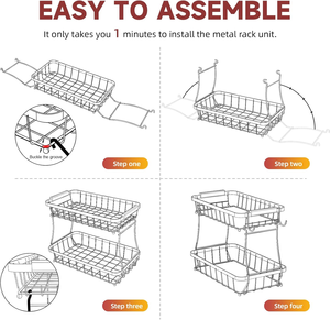 Panier de rangement en métal à <span class=keywords><strong>2</strong></span> niveaux pour fruits, pain, collations et légumes, avec poignée en bois et <span class=keywords><strong>2</strong></span> crochets mobiles amovibles - Product Image 6