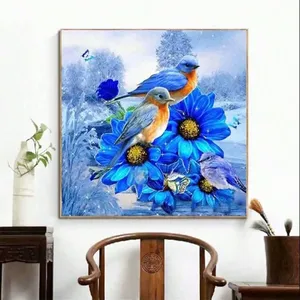 Kit di pittura decorativa ricamata a mano per uccelli anatre mandarino blu serie a punto croce con fiori animali