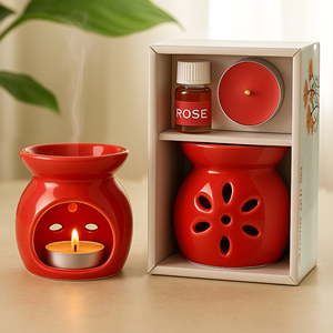 Rose Ceramic Fragrance Oil Diffuser <b>Gift</b> <b>Set</b> with Tealight <b>Candle</b> OEM Aromatherapy Home Decor and Scent Collection - Product Image 2