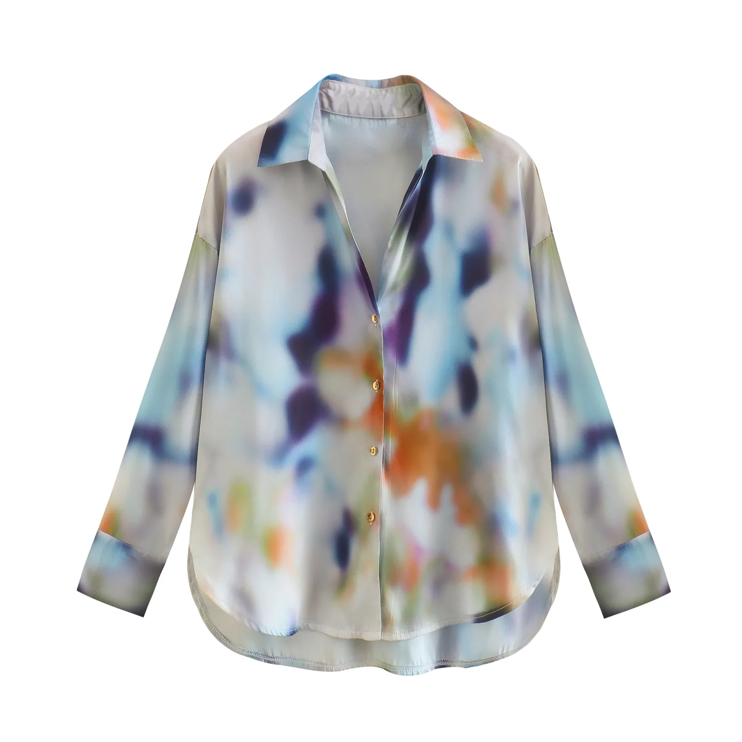 Tie dye turn down collar buttons up high low design long sleeve women's blouses & shirts