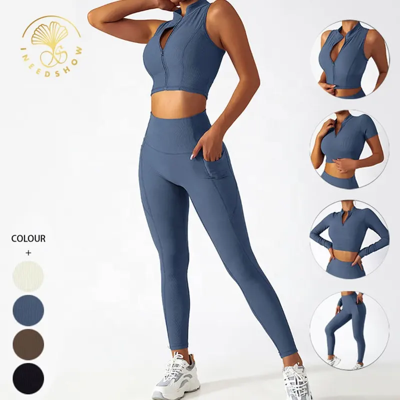 Toptan özel nefes 4 parça Activewear spor Yoga seti kadın Yoga pantolonu aşınma spor