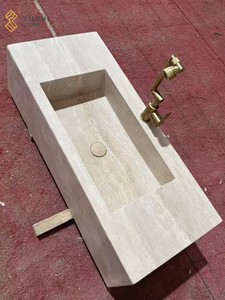 YUSHI Évier en travertin Beige en pierre naturelle Rectangle à montage mural personnalisé pour lavabo de comptoir de salle de bain - Product Image 2