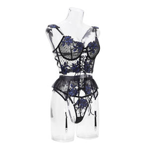 Ensemble de lingerie brodé européen et américain transfrontalier, soutien-gorge push-up respirant en maille florale pour femme avec <span class=keywords><strong>porte</strong></span>-jarretelles, modèle 2002, sexy, ODM - Product Image 4