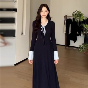 Petite Women Elegant Long Sleeve Dress Navy Blue <b>Tie</b> <b>Neck</b> Contrast Color Block Waist Cinching Daily Casual Dress - Product Image 1