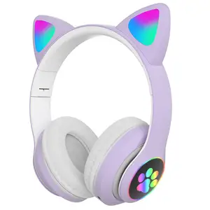 Headset game STN-28 telinga lucu, headphone nirkabel B39 ungu dengan Bass ekstra dan desain dapat dilipat untuk anak perempuan
