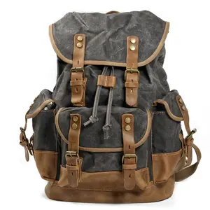 High quality mens leather travel bag waterproof canvas mountaineering backpack