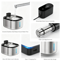Fontaine à eau automatique pour chat et chien de grande capacité 5L en acier inoxydable, capteur intelligent, autonomie de la batterie de 60 jours, contrôleur détachable, LED