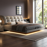 Lit double de style italien moderne avec revêtement en cuir et système d'éclairage LED, adapté aux appartements d'hôtel