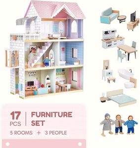 Grande <span class=keywords><strong>maison</strong></span> <span class=keywords><strong>de</strong></span> <span class=keywords><strong>poupée</strong></span> en bois rose avec meubles pour filles, avec sonnette, 17 meubles et 3 poupées, jouet <span class=keywords><strong>de</strong></span> maisonnette pour filles <span class=keywords><strong>de</strong></span> 3 à 7 ans - Product Image 4
