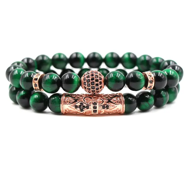 Gros Hommes Personnalisé Bleu Oeil De Tigre Bracelets 2 Pièces/ensemble Micro Pavé CZ Boule Charme Oeil de Tigre Vert 8mm Bracelet En Pierres Naturelles