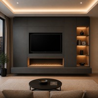 Meuble TV mural sur mesure avec intégration de foyer électrique linéaire, tiroirs flottants et rangement asymétrique en placage de bois