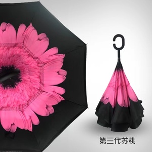 Parapluie de voiture manuel anti-vent à double couche avec poignée en caoutchouc inversée en forme de C, motif fleurs de rose - Product Image 3