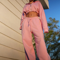 Fabricants de vêtements : Ensemble survêtement rose personnalisé pour femmes, vente en gros, ensemble deux pièces sweat-shirt et pantalon de survêtement pour femmes