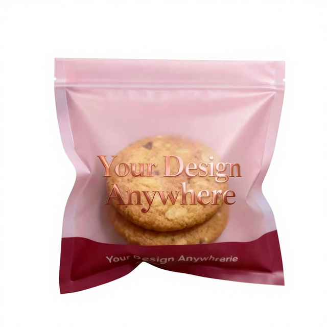 Custom Printed Resealable Plastic Stand-Up Zipper Pouch 3 Side Seal Snack Bag Window for Bread Cakes for Cookies Other Baked