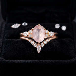 Ensemble de bagues de mariage en quartz rose naturel, pierre précieuse ovale rose, bague de fiançailles en or rose, ensemble de bagues de promesse de mariage, bijoux personnalisés - Product Image 6