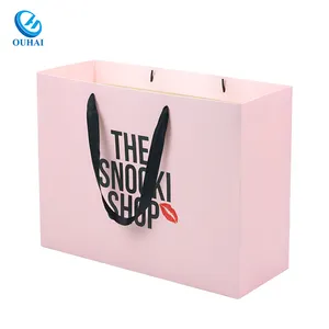 Gift Bags Ribbon Wholesale Pink Color Paper Bag Gift Bags Custom Logo With Black Ribbon Handle