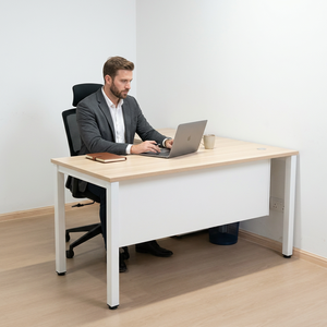 Mesa de Conferencia Moderna y Resistente en Forma de L con Patas Metálicas, Pedestal 3D, Almacenamiento, Acabado en Melamina para Uso Doméstico y Comercial - Product Image 1