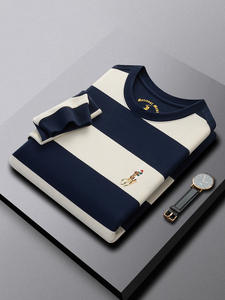 Camiseta de algodón 100% de punto de manga larga con cuello redondo a rayas para hombre transpirable informal de calidad superior con diseño Bretón - Product Image 3