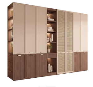 Armoire en bois massif de style <span class=keywords><strong>mi</strong></span>-siècle pour la chambre à coucher à domicile, petit appartement avec portes en rotin tressé, grand placard combiné - Product Image 1