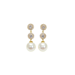 Pendientes E3626 Golden Drop con Perla Cultivada AAA, Diseño de Flor Blanca Redonda, Engaste de Bisel, Joyería Clásica para Bodas de Mujer - Product Image 1
