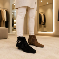 Bottes pour femmes à la mode avec pompons, bottes mi-mollet rétro pointues décontractées à fermeture éclair pour femmes