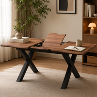 Table à manger extensible en MDF avec plateau central rabattable, pieds en fer noir thermolaqué en forme de X, finition grain de bois