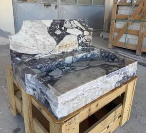Lavabo Flotante de Mármol Natural de Lujo, Lavabo Integrado de Piedra, Encimera de Baño Acanalada Montada en la Pared, Duradera - Product Image 3