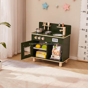 Cuisine de jeu d'intérieur en bois vintage pour tout-petits avec rideau en tissu, cuisinière, évier et affichage de l'horloge, ensemble de cuisine d'imitation haut de gamme - Product Image 3